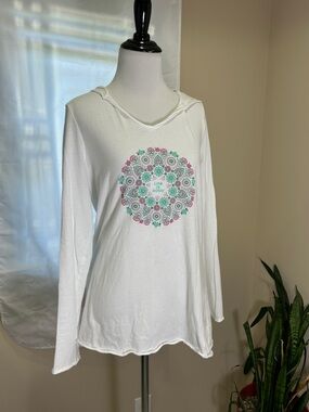 Life Is Good White Hooded Long Sleeve Top with Pink & Mint Floral Mandala